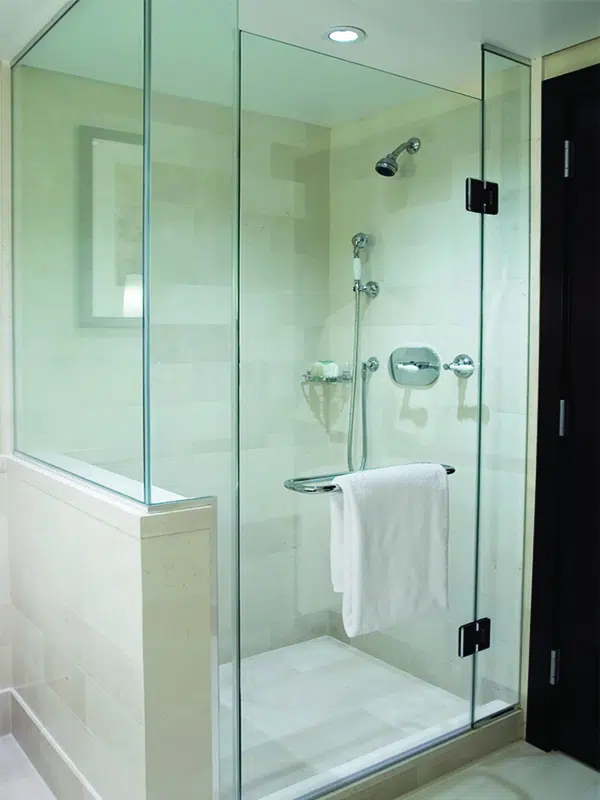 corner shower glass with glass to glass hinges