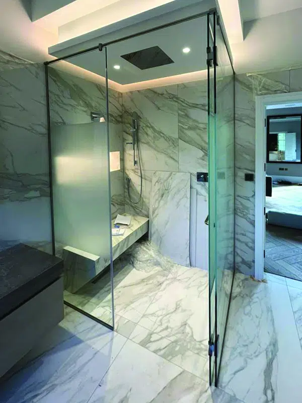 corner shower enclosure with sandblast